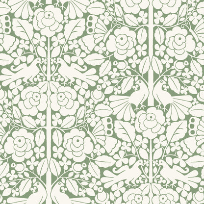 green and white floral and bird pattern wallpaper
