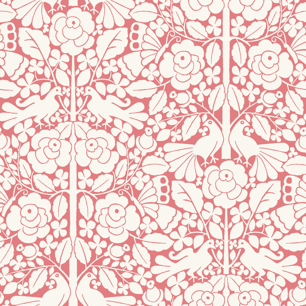 coral pink and white floral and bird pattern wallpaper