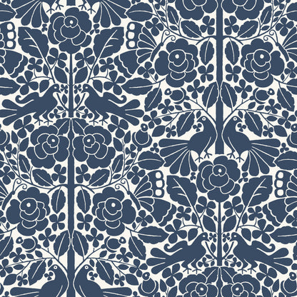 navy and white floral and bird pattern wallpaper