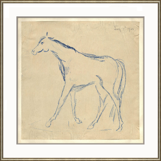 blue sketch of horse in a frame with a white mat