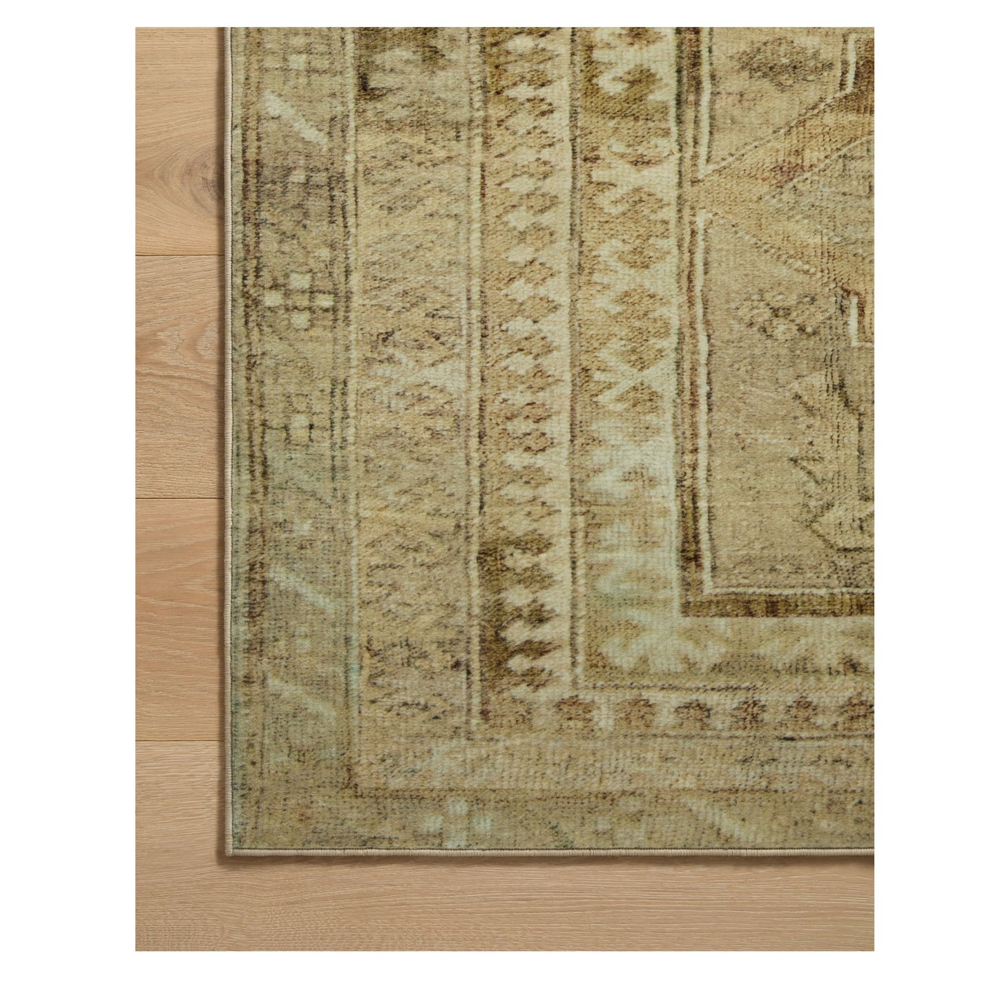 Sinclair Khaki Tobacco Rug corner on wood floor