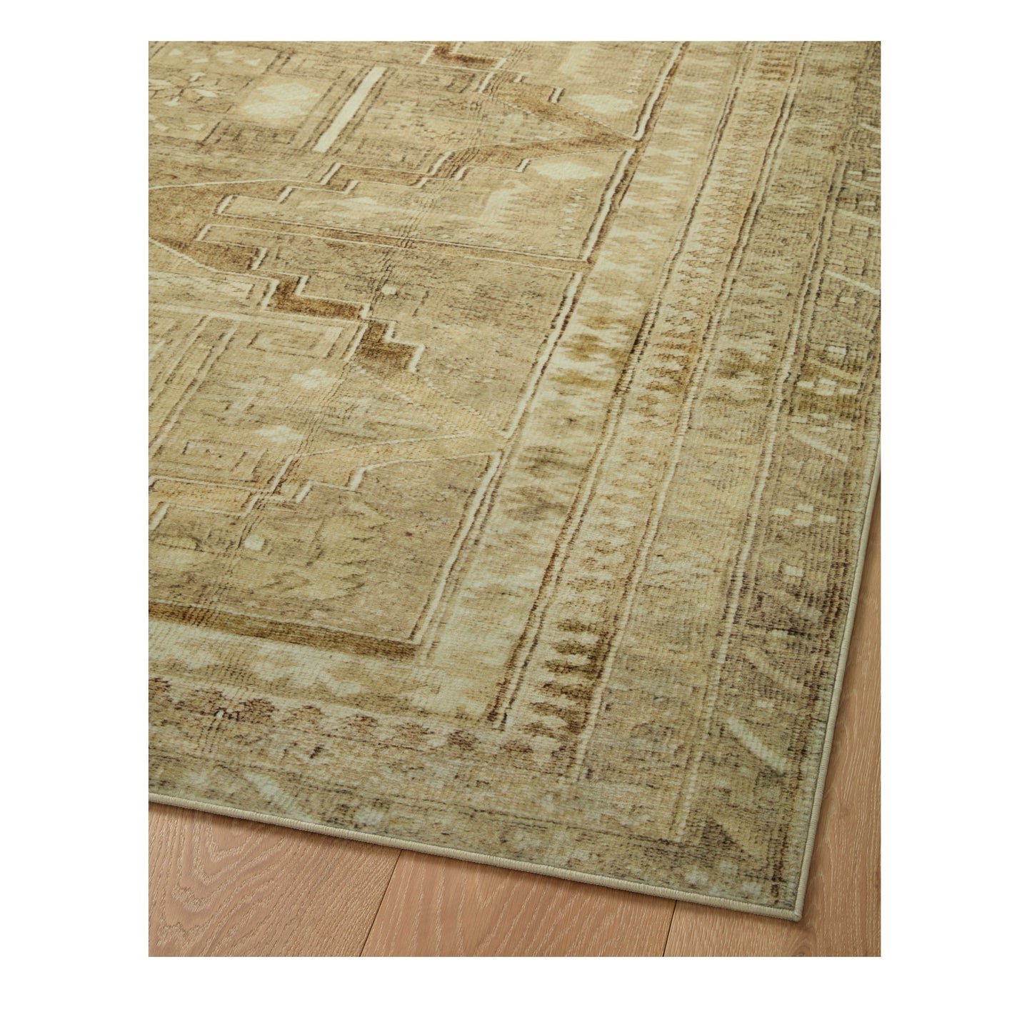 Sinclair Khaki Tobacco Rug corner on wood floor