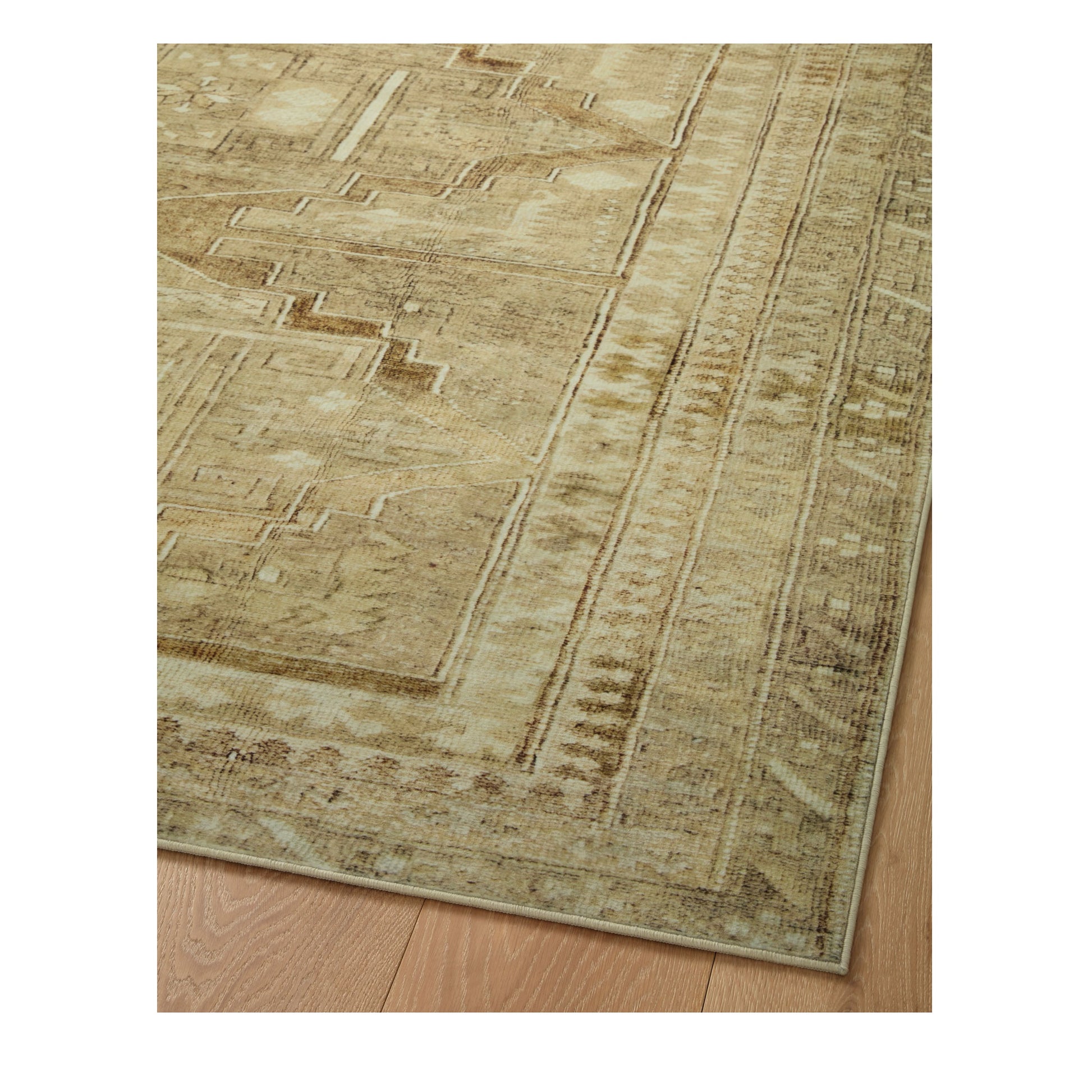 Sinclair Khaki Tobacco Rug corner on wood floor