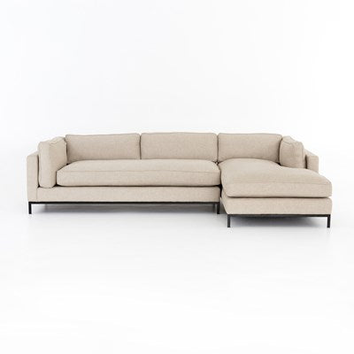 modern cream fabric sectional with right chaise with black metal base