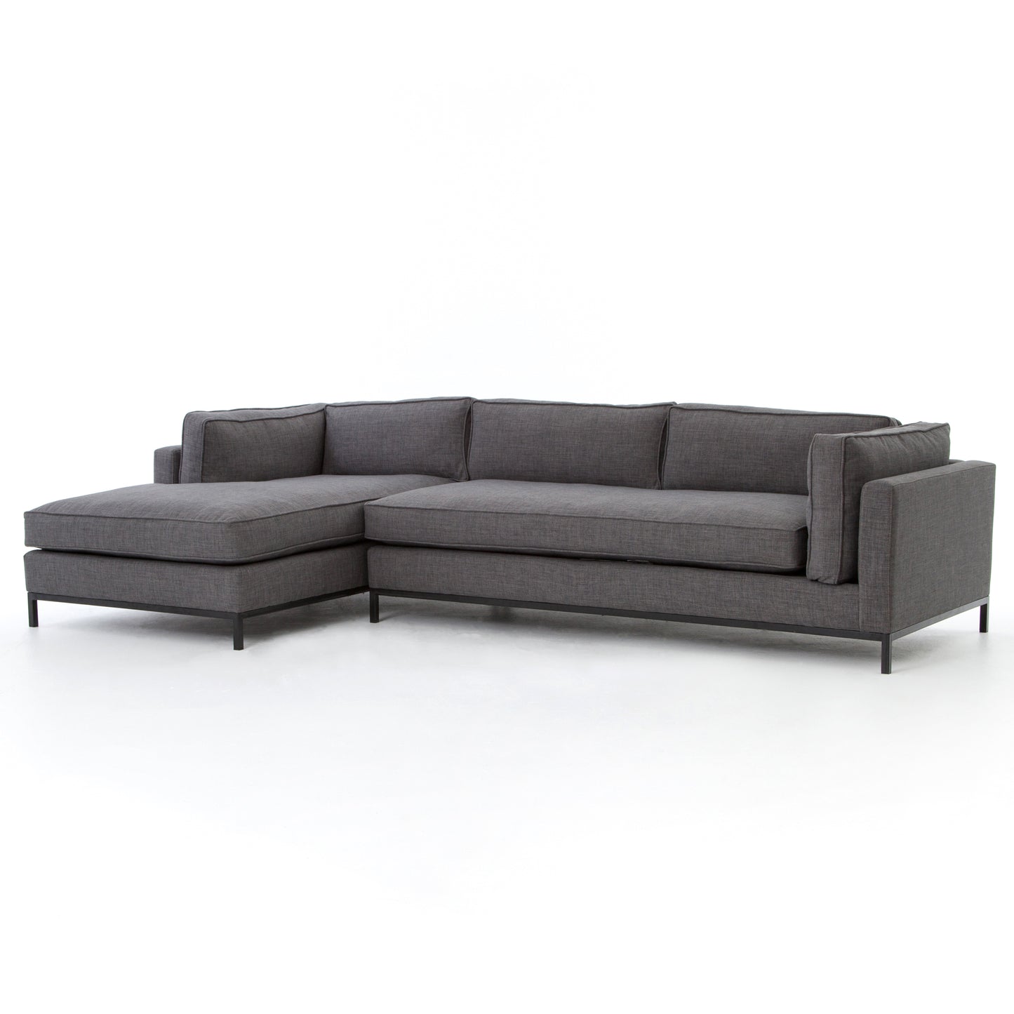 modern charcoal fabric sectional with left chaise with black metal base