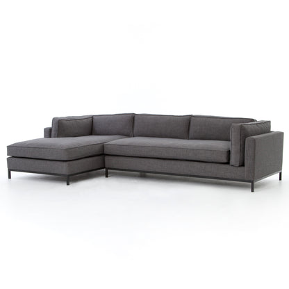 modern charcoal fabric sectional with left chaise with black metal base