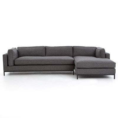 modern charcoal fabric sectional with right chaise with black metal base