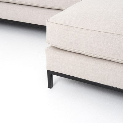 modern greige fabric sectional with right chaise with black metal base
