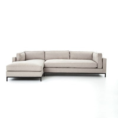 modern greige fabric sectional with left chaise with black metal base
