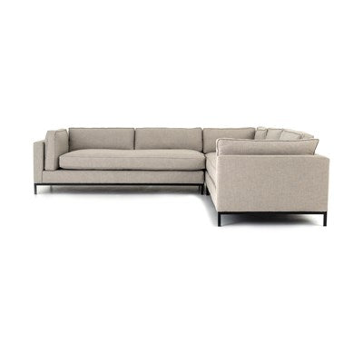 modern greige fabric l-shaped sectional with black metal base