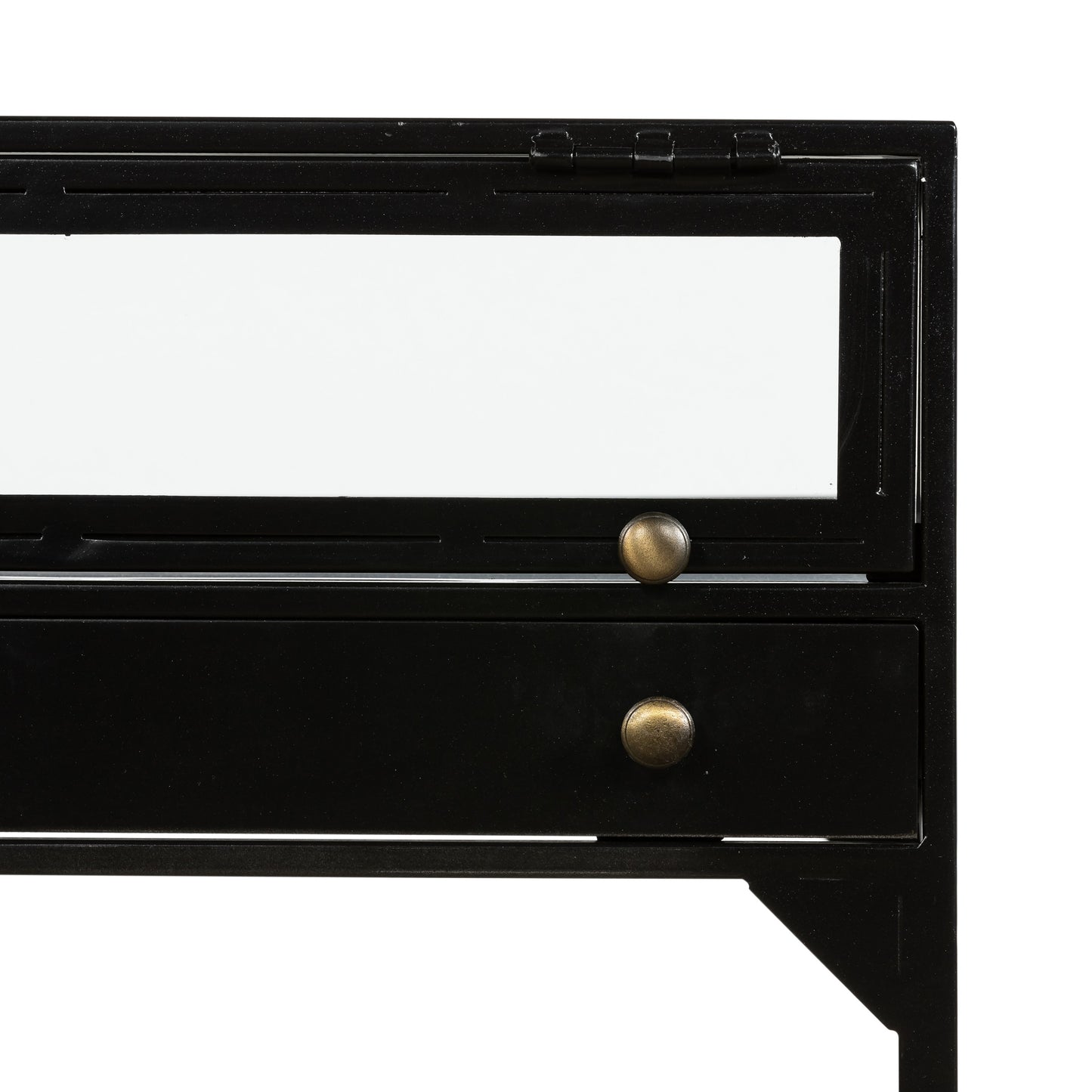black metal end table with glass shadow box top and small drawer with brass hardware