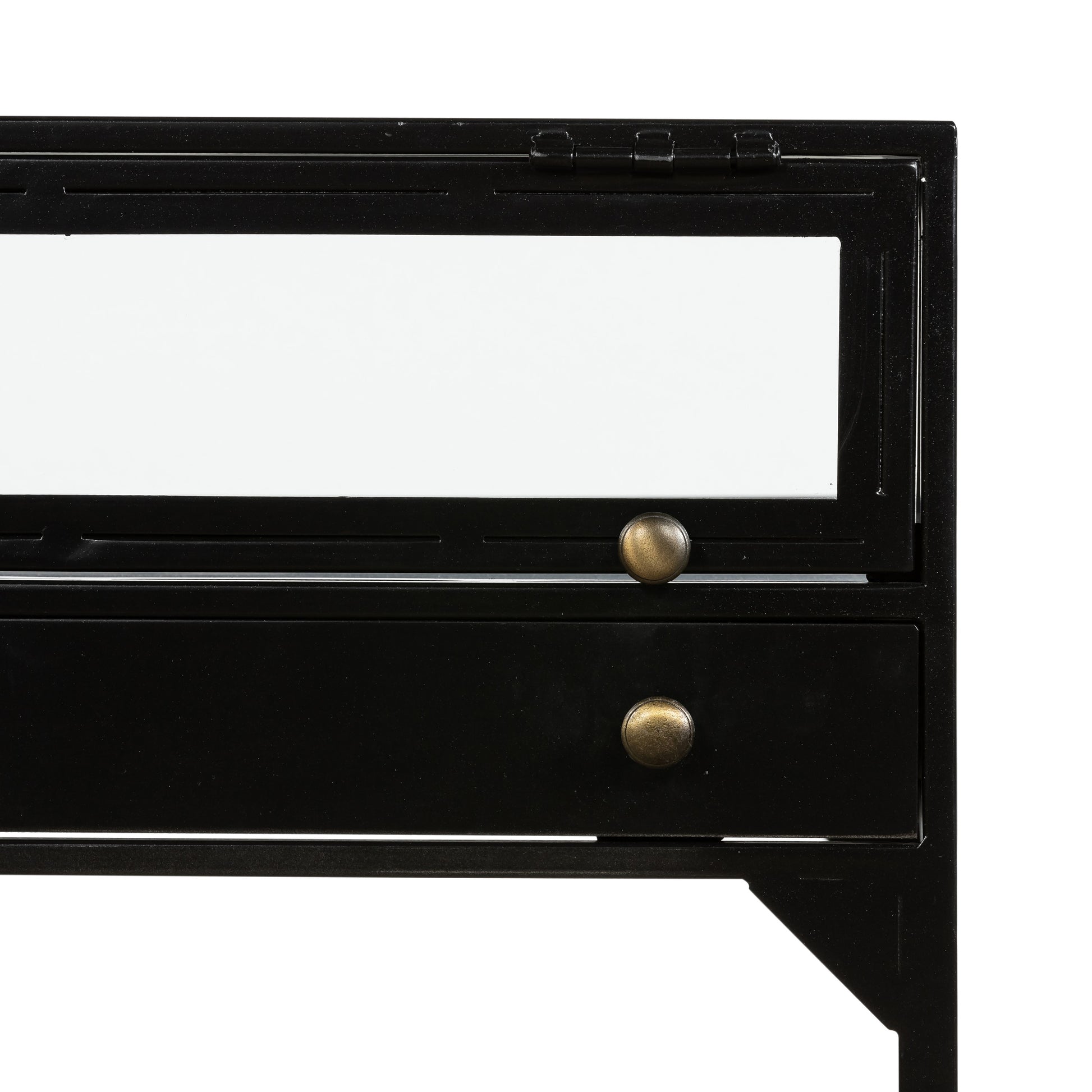 black metal end table with glass shadow box top and small drawer with brass hardware