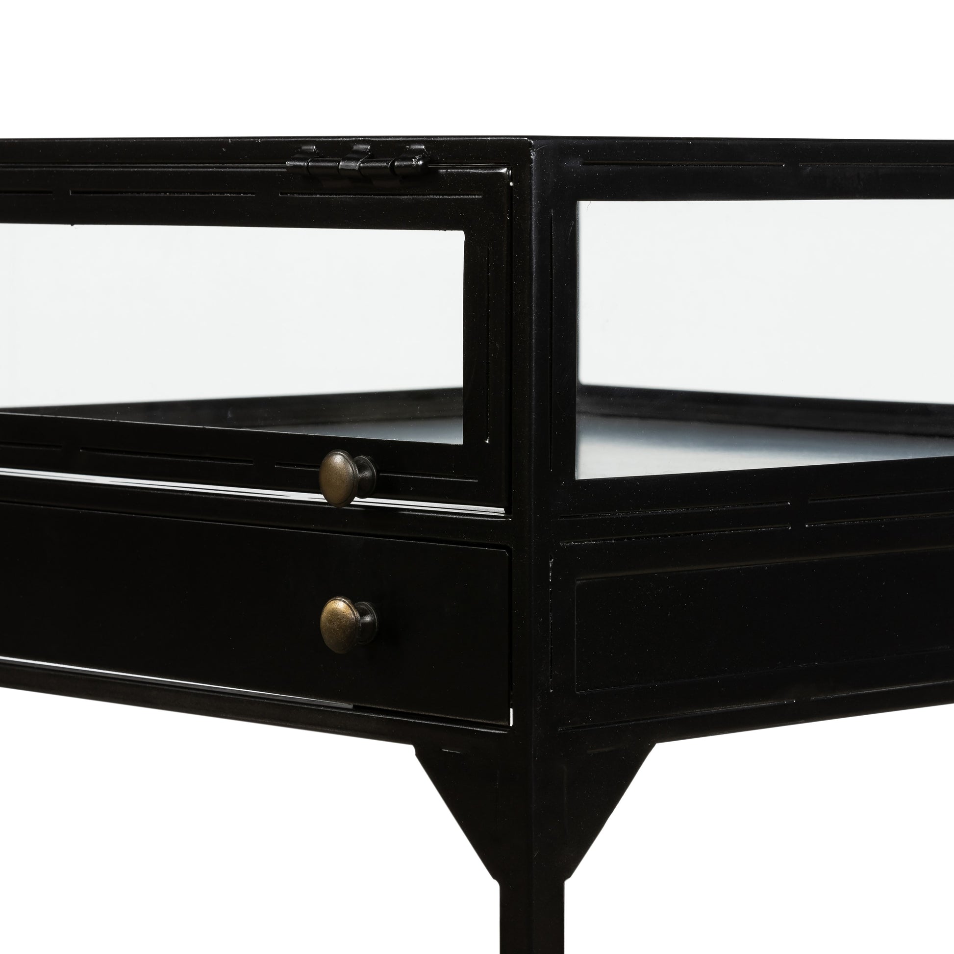 black metal end table with glass shadow box top and small drawer with brass hardware
