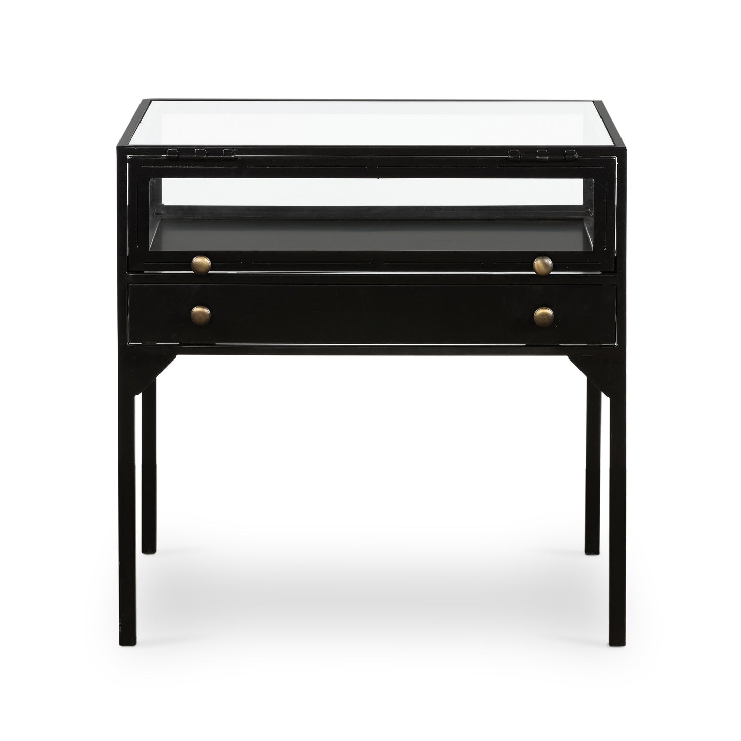 black metal end table with glass shadow box top and small drawer with brass hardware