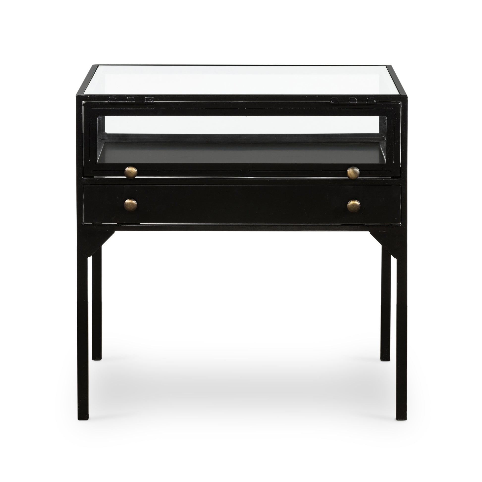 black metal end table with glass shadow box top and small drawer with brass hardware