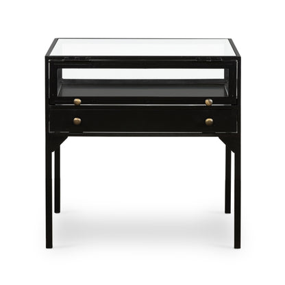 black metal end table with glass shadow box top and small drawer with brass hardware