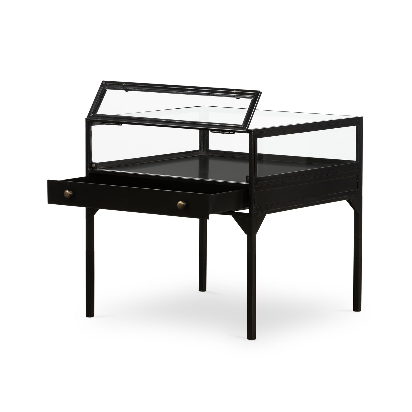 black metal end table with glass shadow box top and small drawer with brass hardware