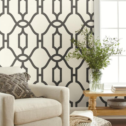 charcoal trellis pattern on white wallpaper