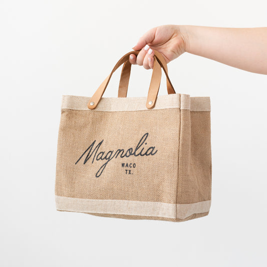 burlap tote with leather handles with Magnolia script logo