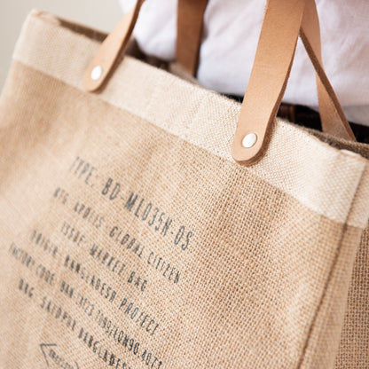 burlap tote with leather handles with Magnolia script logo