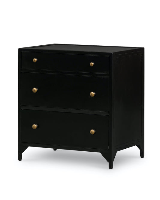 black metal nightstand with three drawers and brass knobs