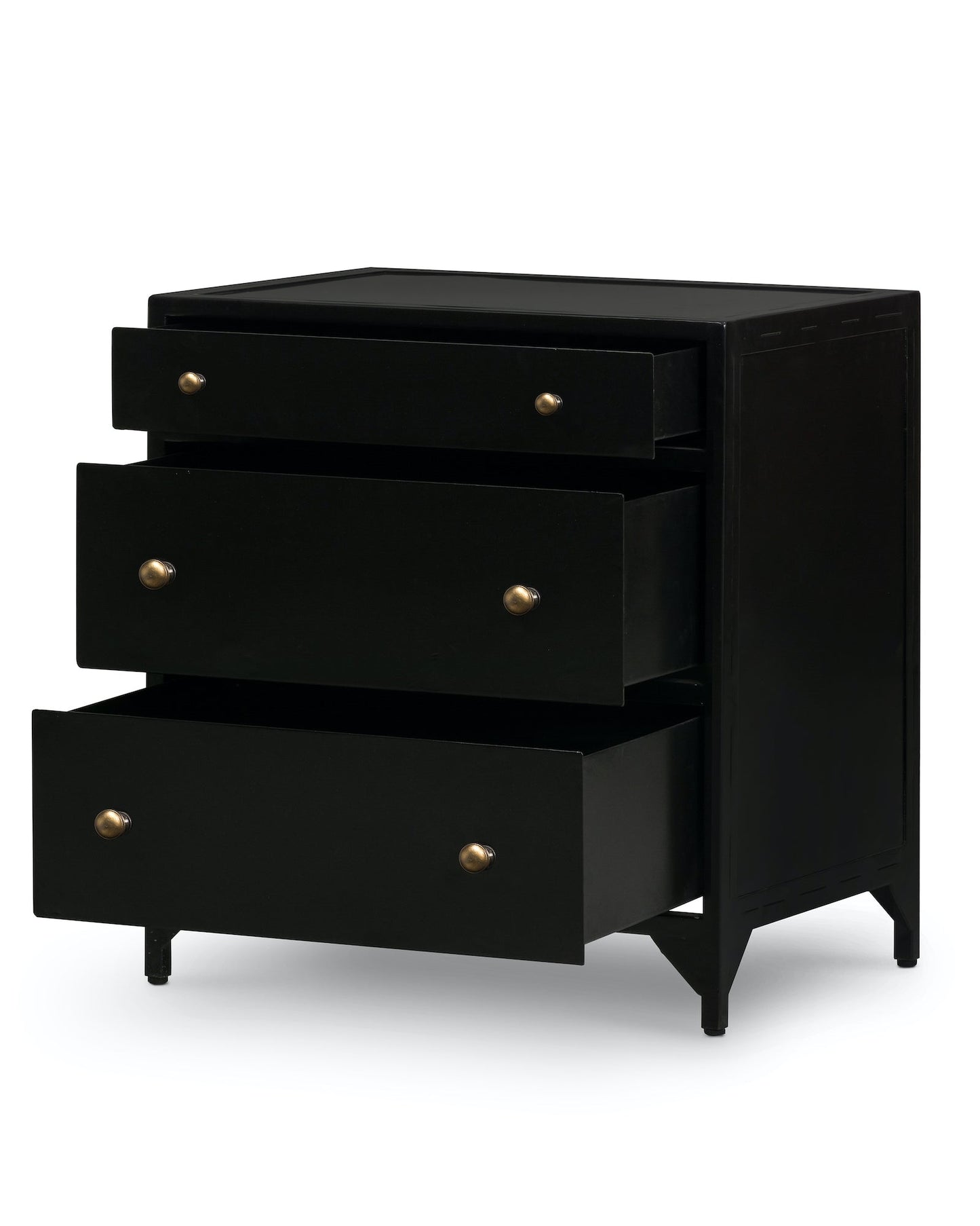 black metal nightstand with three drawers and brass knobs