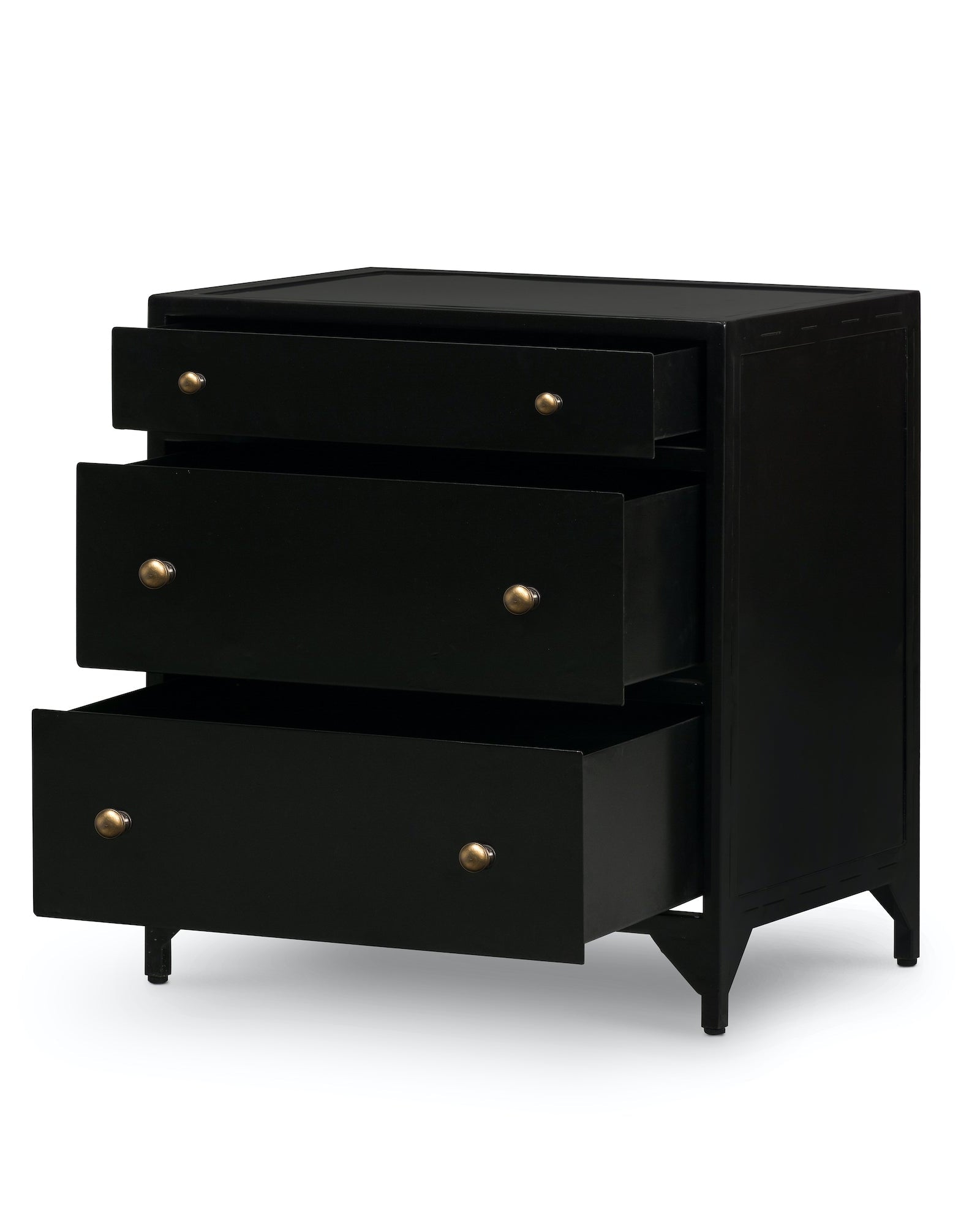 black metal nightstand with three drawers and brass knobs