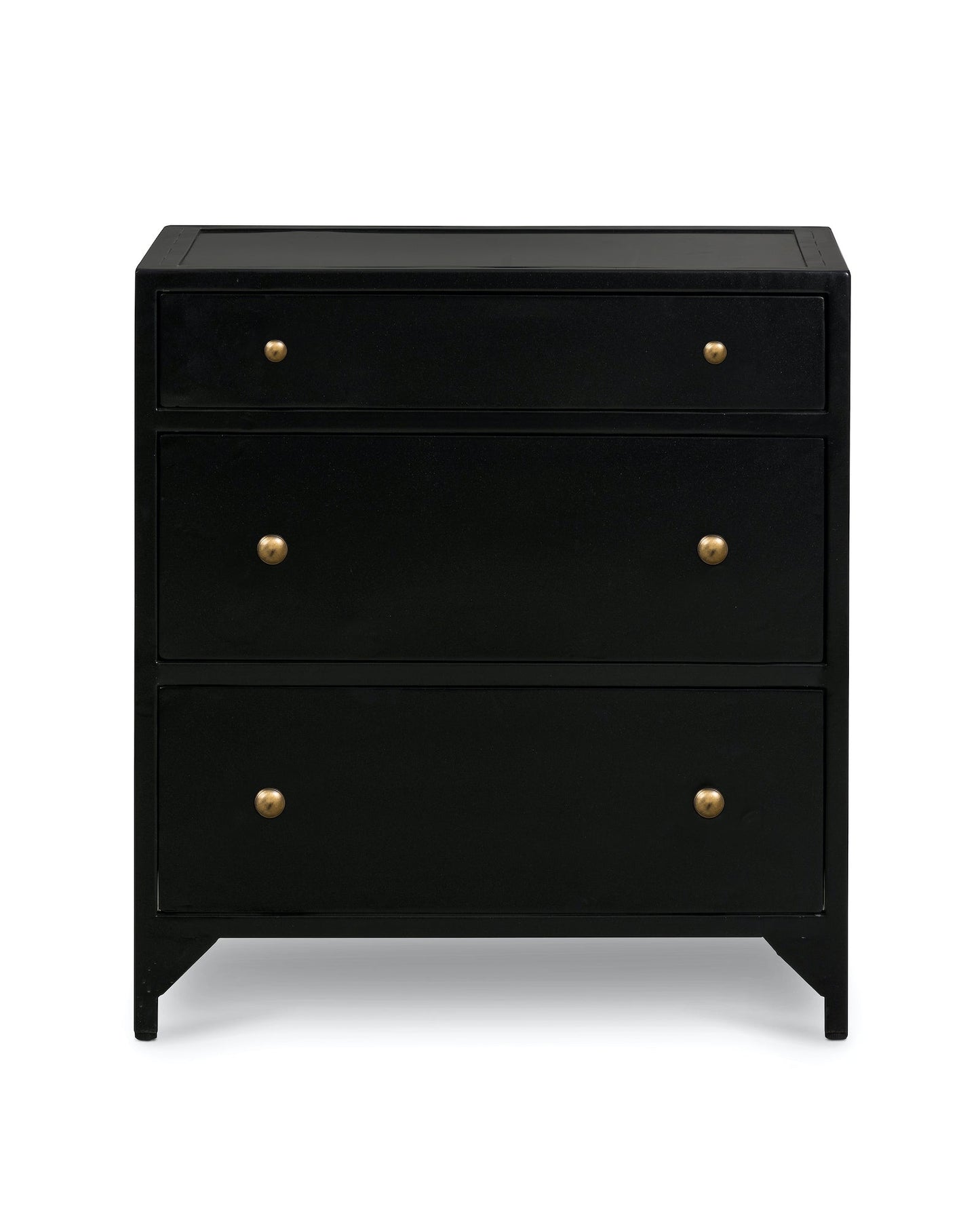 black metal nightstand with three drawers and brass knobs