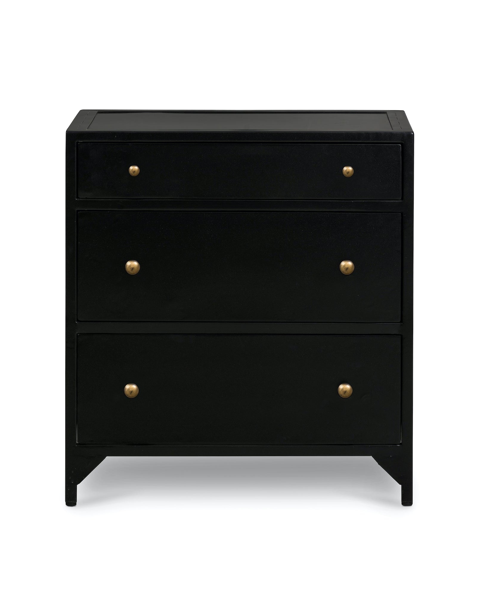 black metal nightstand with three drawers and brass knobs