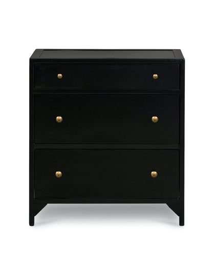 black metal nightstand with three drawers and brass knobs