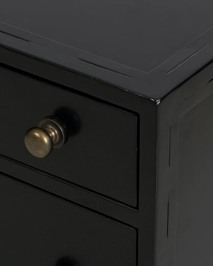 black metal nightstand with three drawers and brass knobs