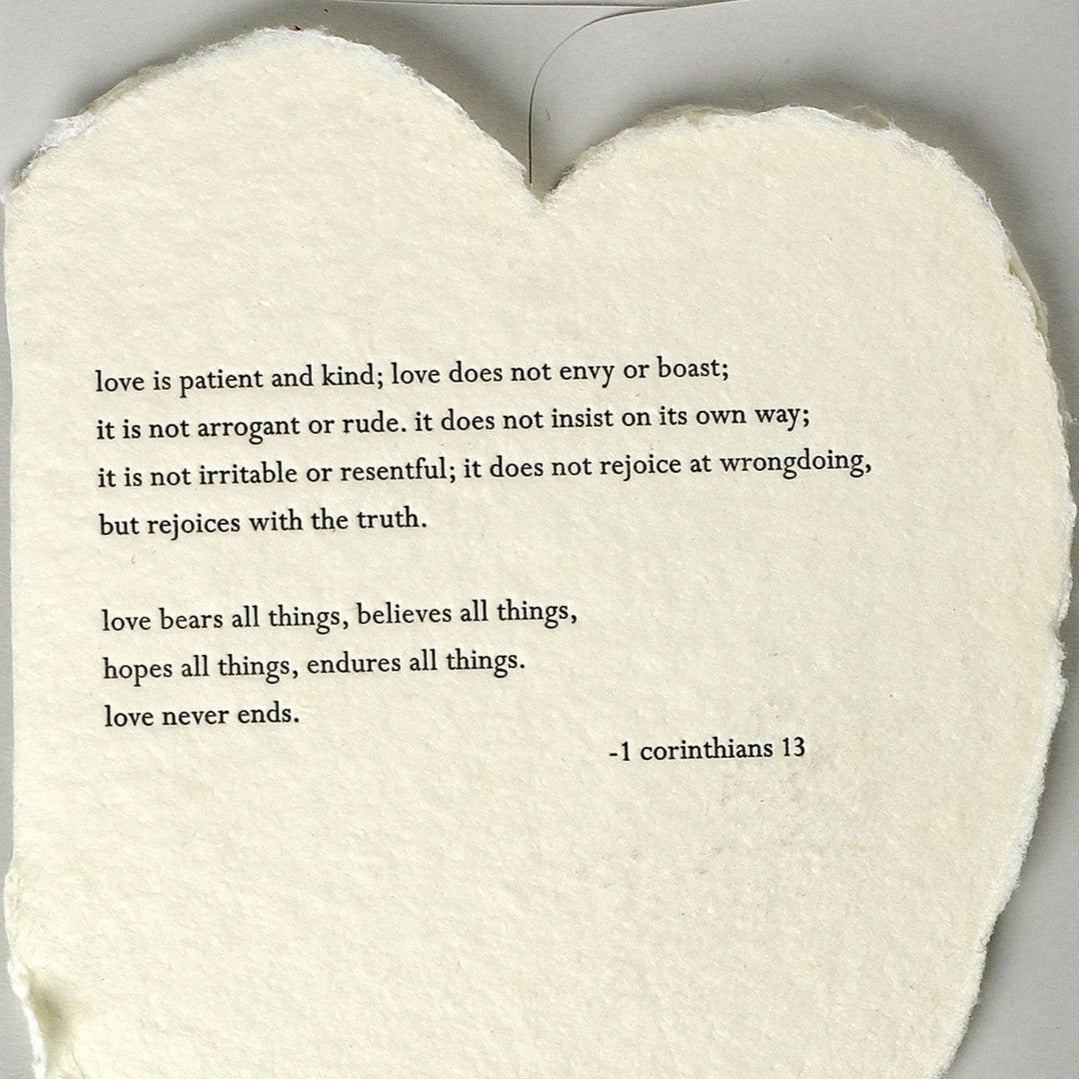 deckled paper heart with embossed bible verse 1 corinthians 13