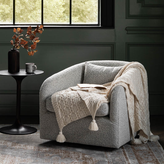 magnolia harris swivel chair with soft boucle fabric