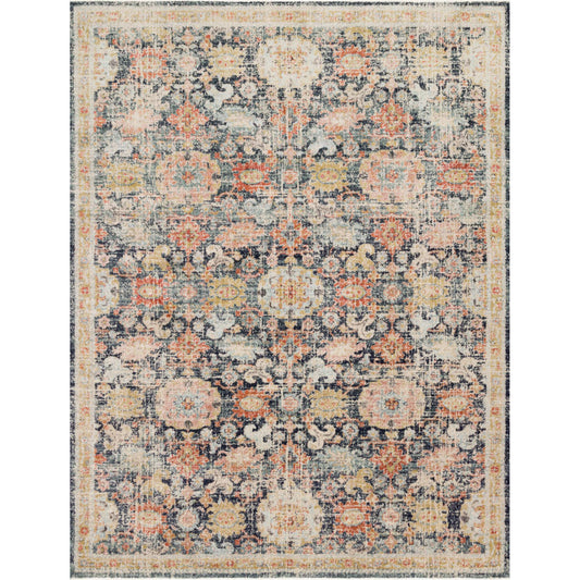 distressed navy rug with multi-colored detail