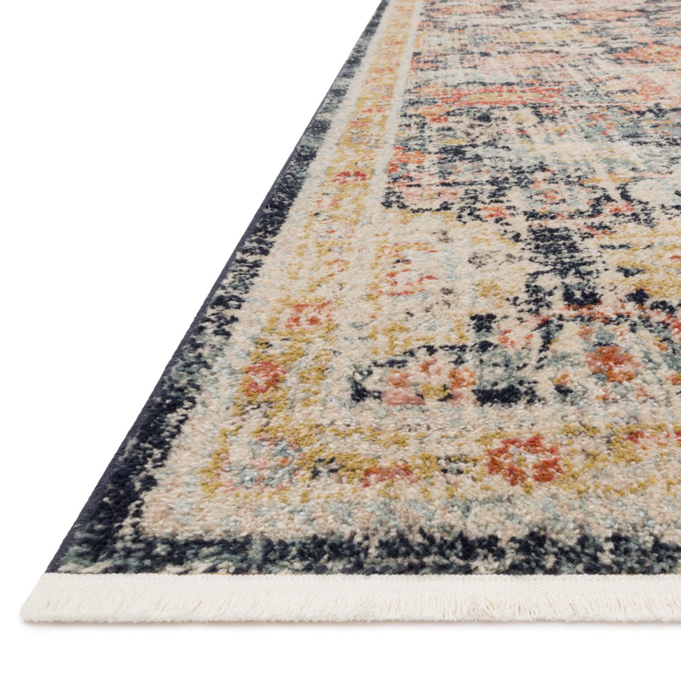 distressed navy rug with multi-colored detail