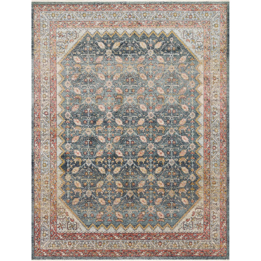 slate blue rug with persimmon edge detail