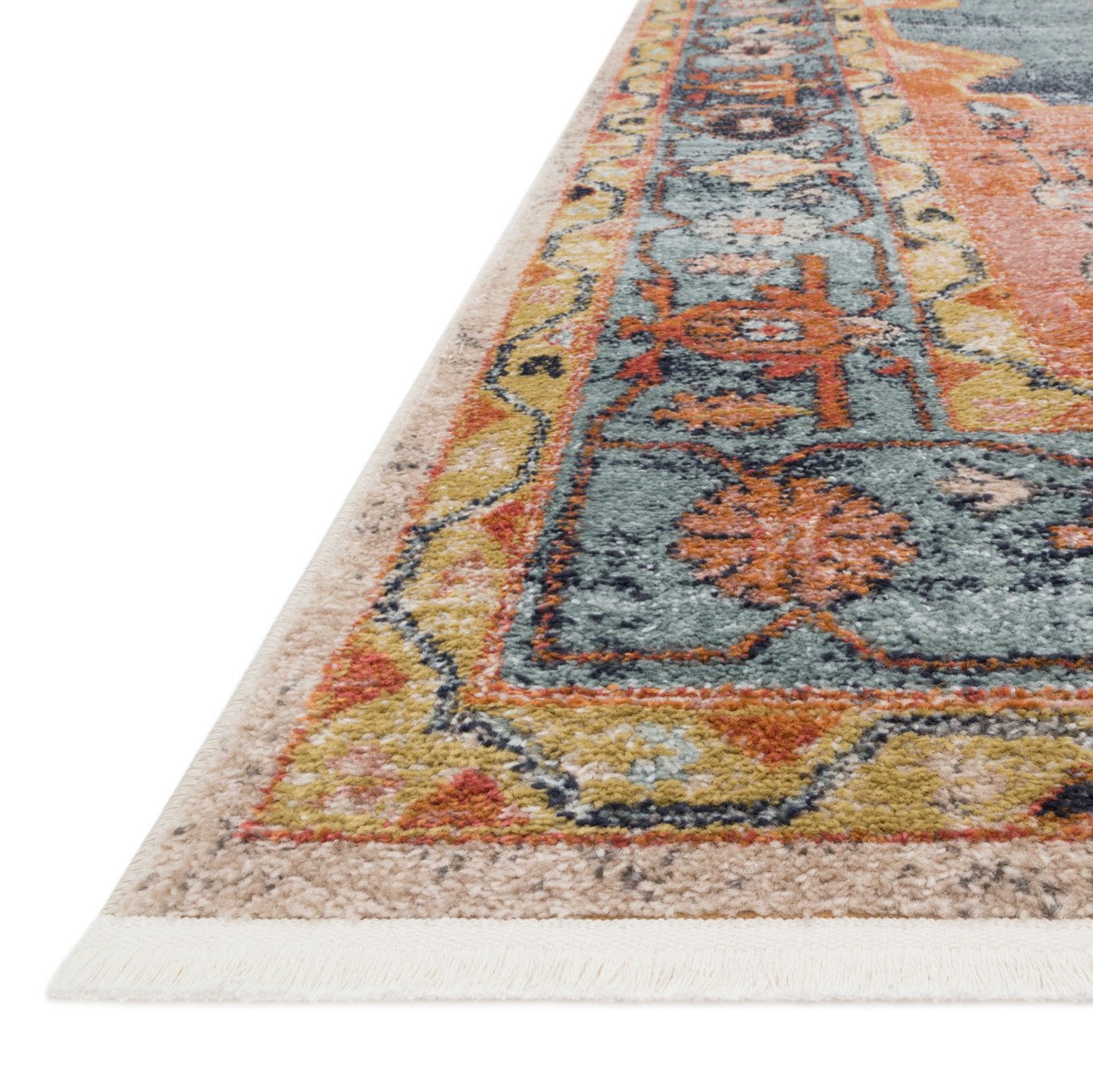 blue and orange traditional rug with multi-colored floral detail