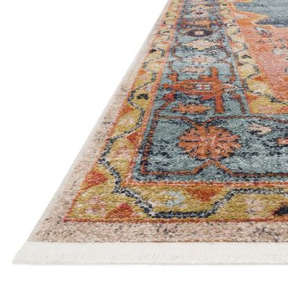 blue and orange traditional rug with multi-colored floral detail