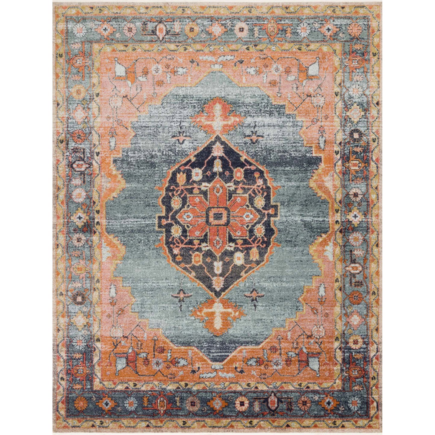 blue and orange traditional rug with multi-colored floral detail