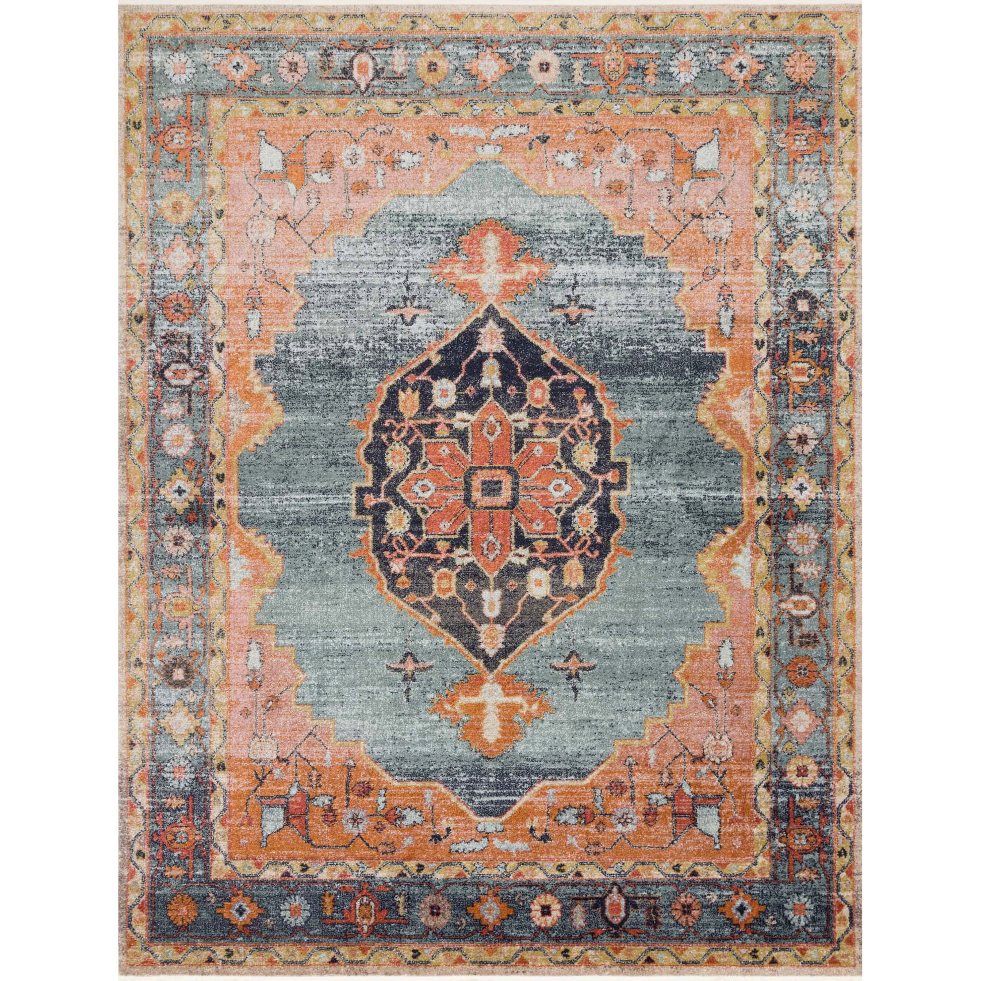 blue and orange traditional rug with multi-colored floral detail