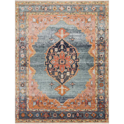 blue and orange traditional rug with multi-colored floral detail