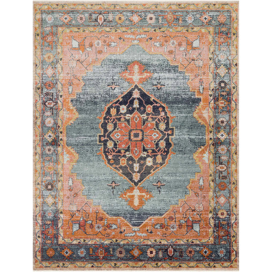 blue and orange traditional rug with multi-colored floral detail