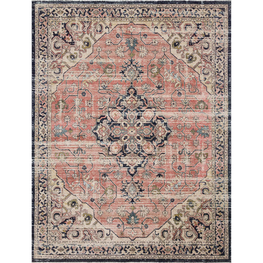 distressed orange and navy rug with traditional detail