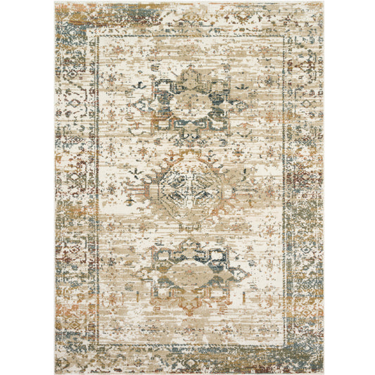 distressed ivory rug with green, blue, and mustard details