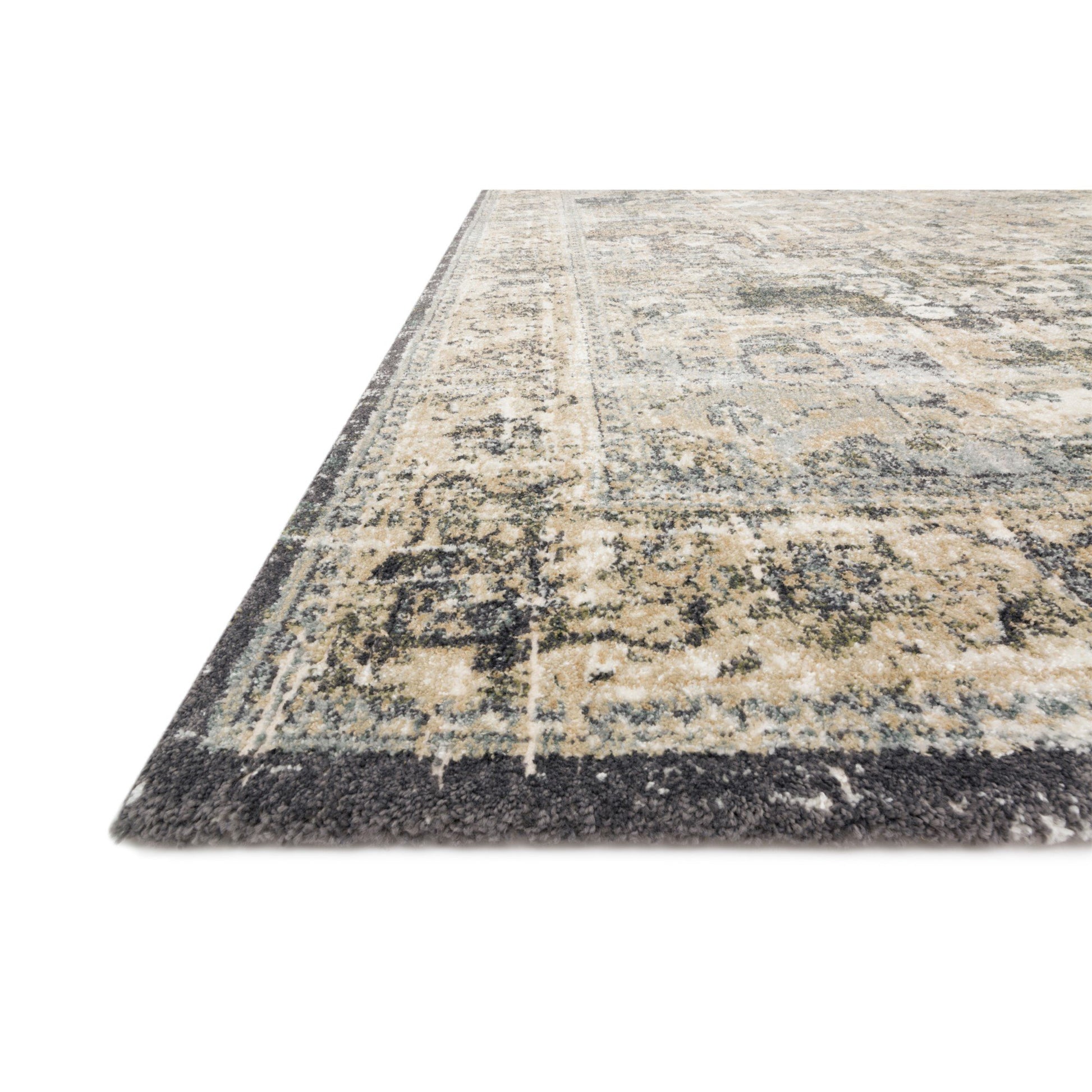 cream distressed area rug with grey and tan detail