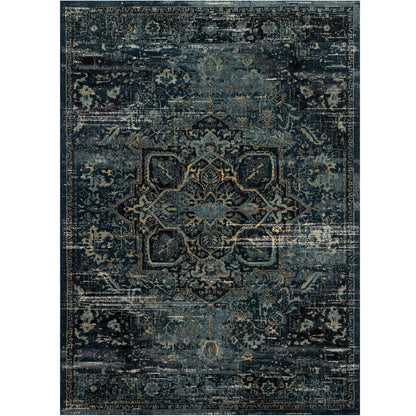 dark blue and ocean blue area rug with floral detail