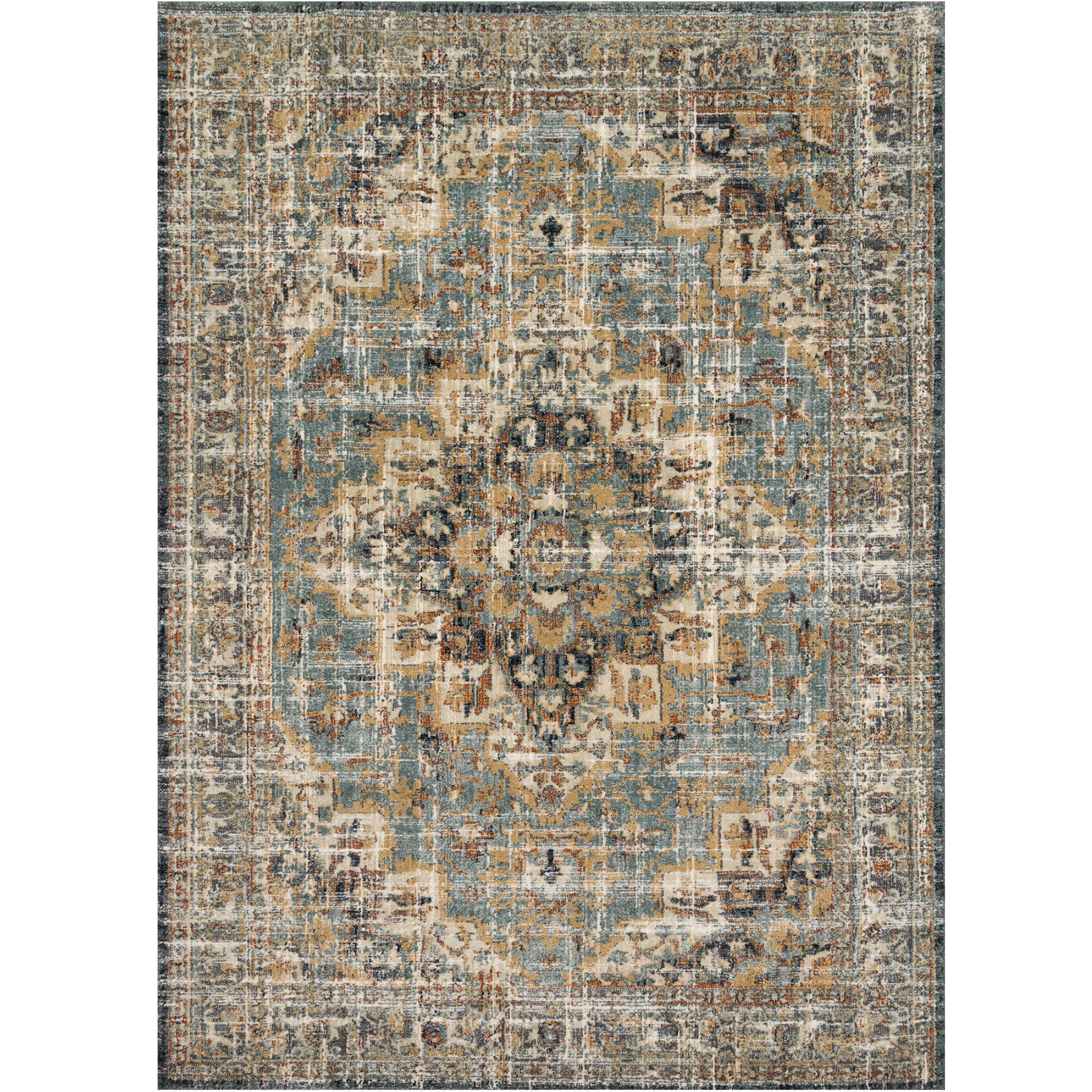 dark grey and blue traditional rug with distressed floral detail in gold and brown