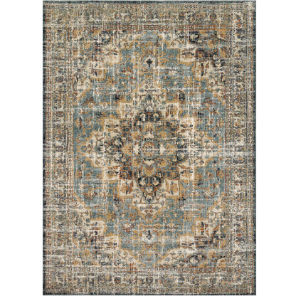 dark grey and blue traditional rug with distressed floral detail in gold and brown