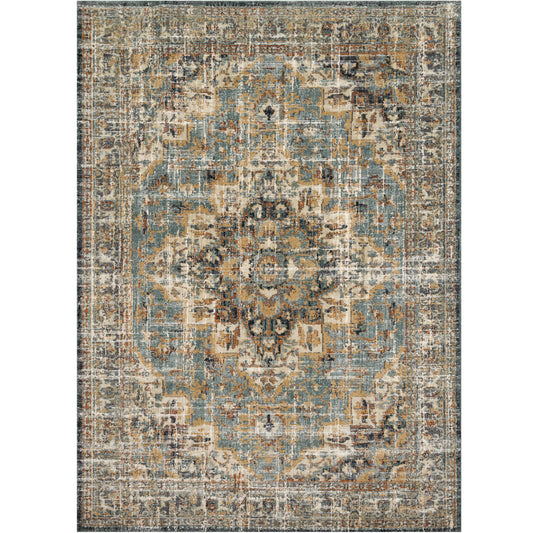 dark grey and blue traditional rug with distressed floral detail in gold and brown