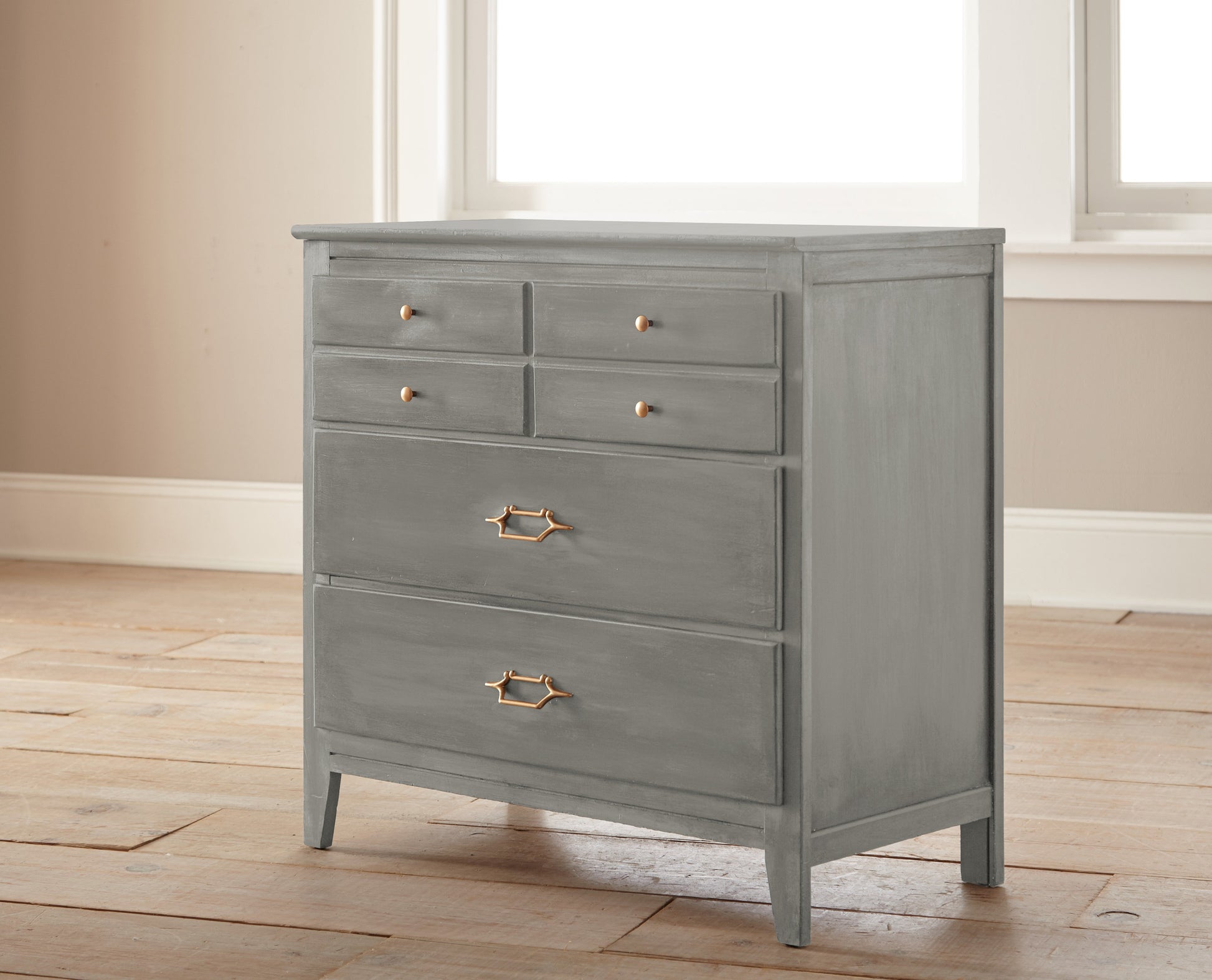 Earth toned gray accented with olive green and cocoa chalk style paint